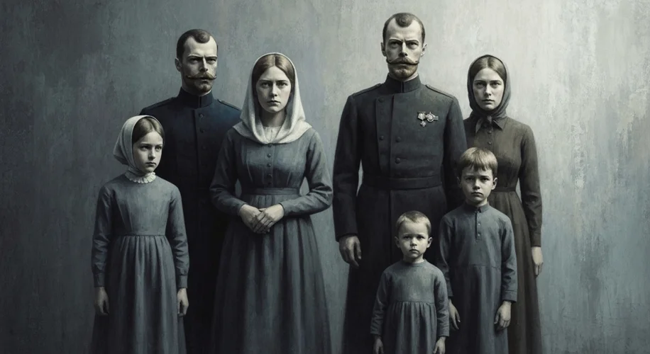 A somber depiction of the Romanov family, Nicholas II, Alexandra, and their four daughters and son, 