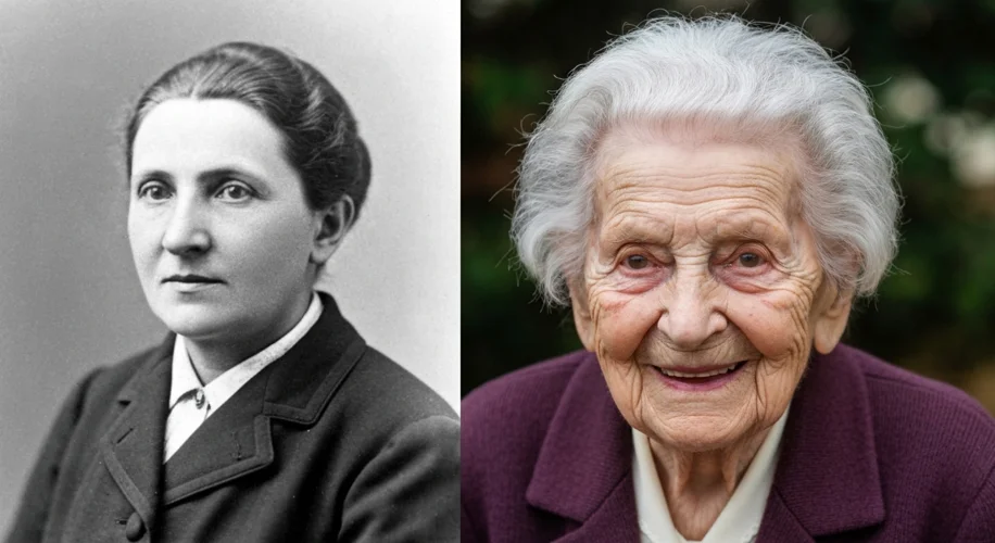 A split image: on the left, a black and white photograph of a young Jeanne Calment in the late 19th 