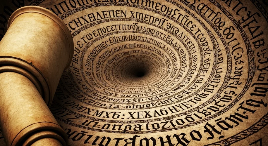 An ancient scroll unfurling to reveal both Greek lettering and ornate English calligraphy, symbolizi