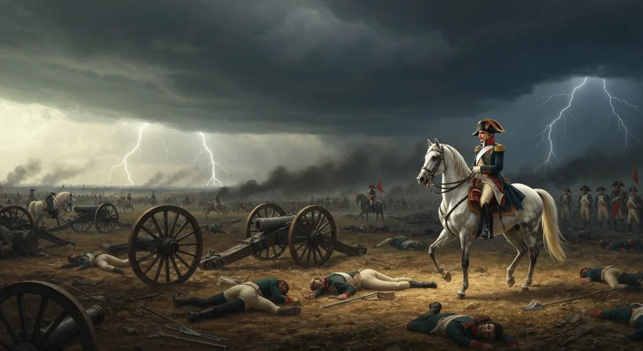 An oil painting depicting Napoleon Bonaparte on horseback, surveying a battlefield littered with can
