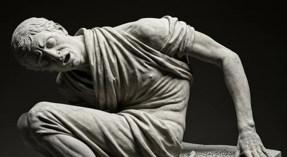 A plaster cast of a victim of Pompeii, captured in their final moments, with details of their clothi