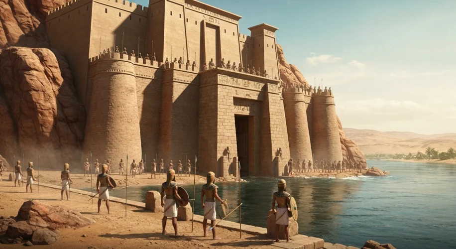 A massive, imposing Egyptian fortress, built of mudbrick and stone, stands sentinel over a river. So