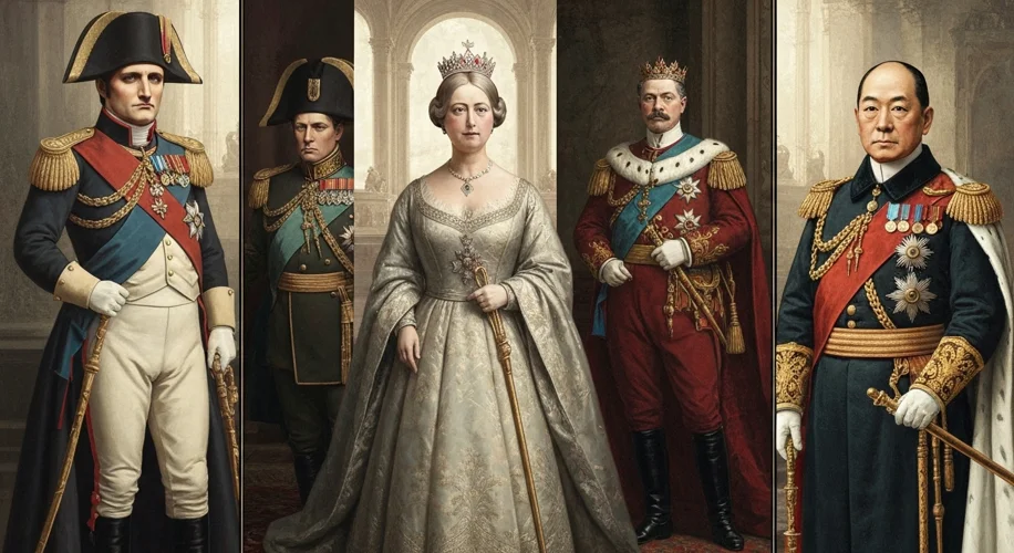 A montage of 19th-century imperial leaders: Napoleon Bonaparte, Queen Victoria, Kaiser Wilhelm I, an