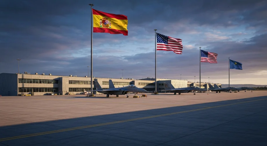 A sprawling US Air Force base in Spain with fighter jets on the tarmac under a twilight sky, with Sp