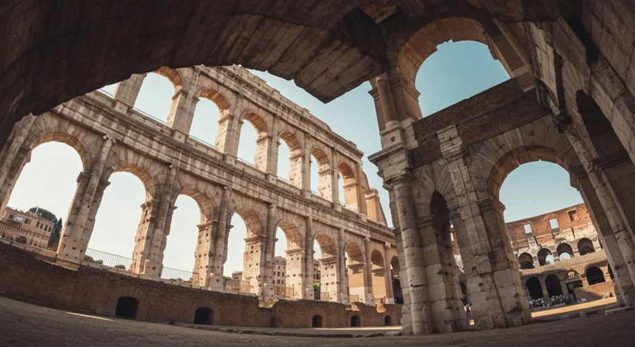 A dramatic perspective shot looking up at the arches of the Colosseum from the arena floor, emphasiz