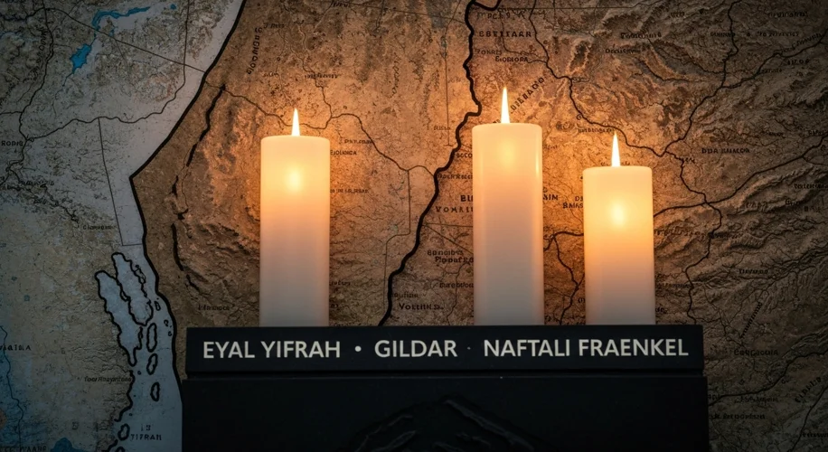 A memorial with three candles and the names Eyal Yifrah, Gilad Shaar, and Naftali Fraenkel, set agai