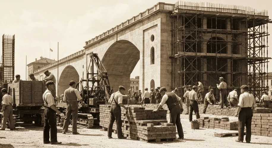 A sepia-toned image of Italian men working on a large public construction project in the 1930s. They