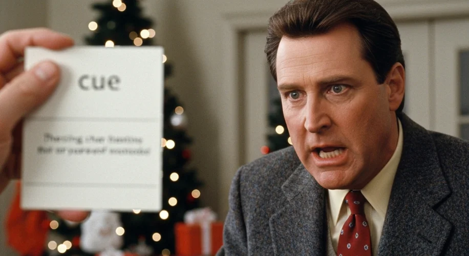 Chevy Chase as Clark Griswold in "Christmas Vacation" looking exasperated, with a subtle hint of a c
