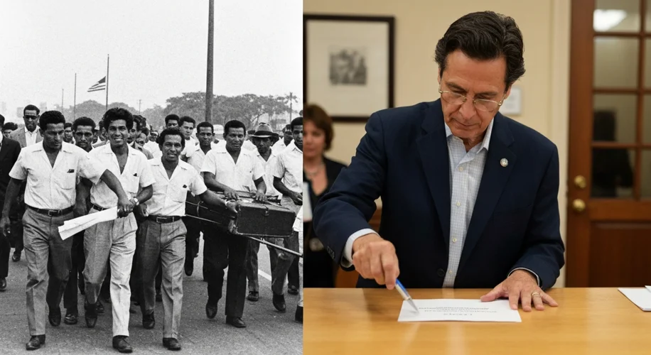 A split image showing a historic photo of Cuban exiles arriving in Miami in the 1960s on one side, a