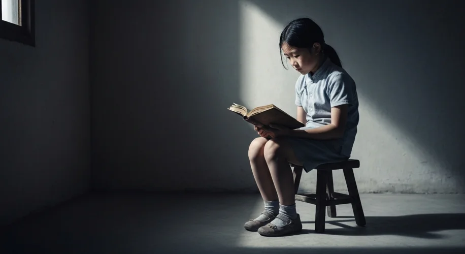 A poignant, slightly desaturated color image showing a young Chinese girl, perhaps in her early teen