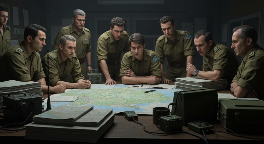 A tense scene in an Israeli military command center during the Six-Day War. Officers are huddled aro