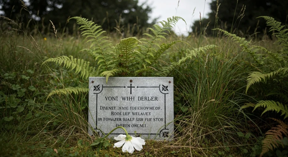 A memorial plaque in a quiet park, with a single wilting flower placed before it, symbolizing rememb