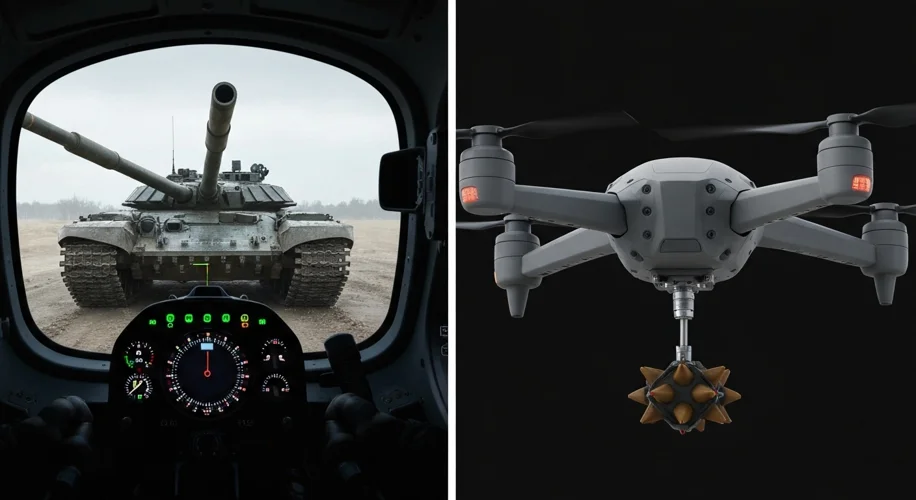 A split image showing the first-person view from a drone cockpit displaying a Russian tank in its cr