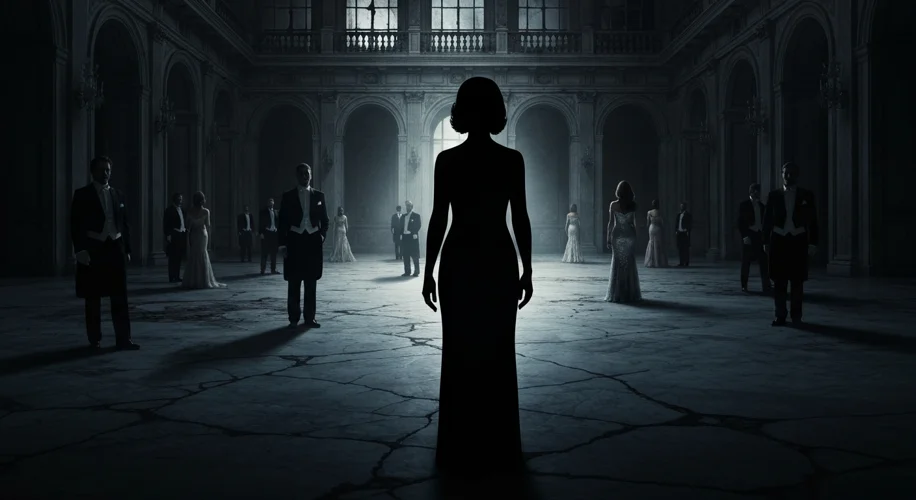 A dimly lit, grand ballroom with figures in formal wear in the background, a solitary, silhouetted f
