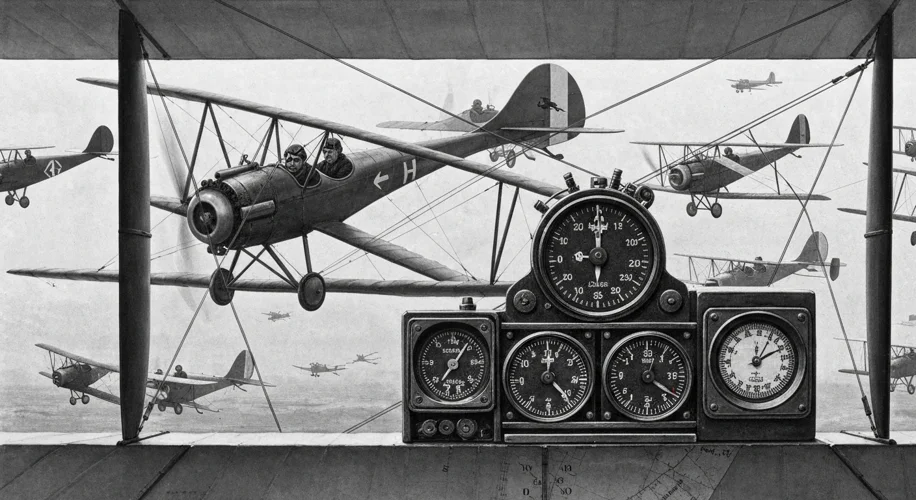A black and white photo depicting early 20th-century aviators struggling with primitive navigation t