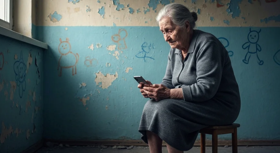 An elderly Ukrainian woman, Anya, sitting amidst simple belongings in a former kindergarten classroo
