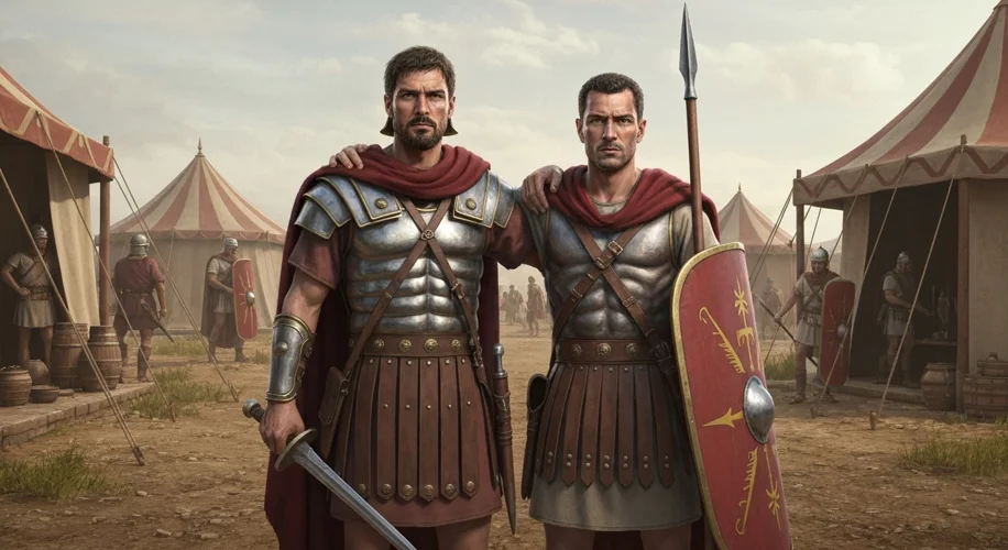 An illustration depicting a Roman legionary standing shoulder-to-shoulder with a soldier from an all