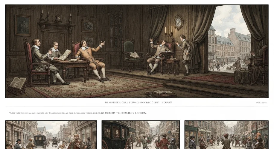 An illustration of 17th-century London, with scholars debating in a dimly lit room contrasted with b