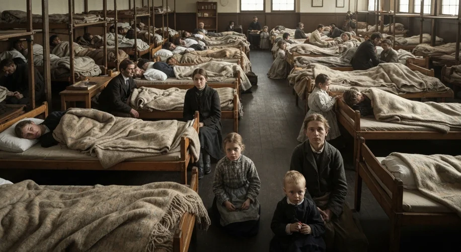 The interior of a crowded Ellis Island dormitory, with immigrants sleeping on cots and sitting aroun