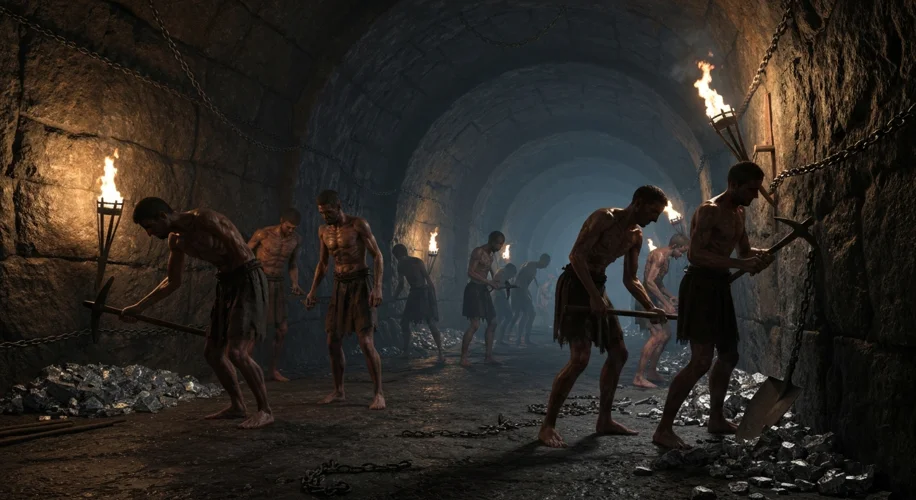 A dark, gritty depiction of Roman slaves toiling in a silver mine. They are emaciated, wearing simpl