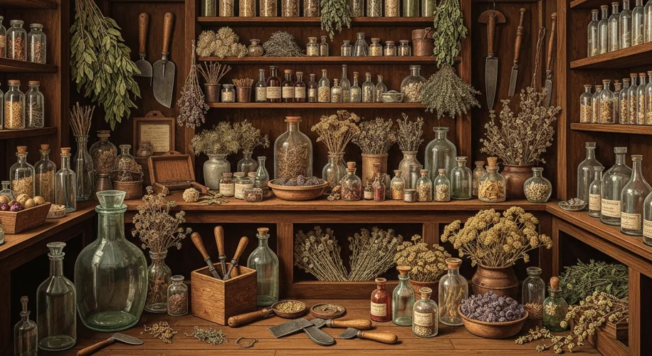 A historical illustration of a 19th-century American apothecary shop with shelves filled with herbs 