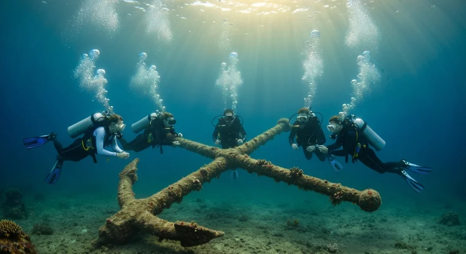 A group of divers carefully examining a large, barnacle-encrusted anchor lying on the seabed, with s