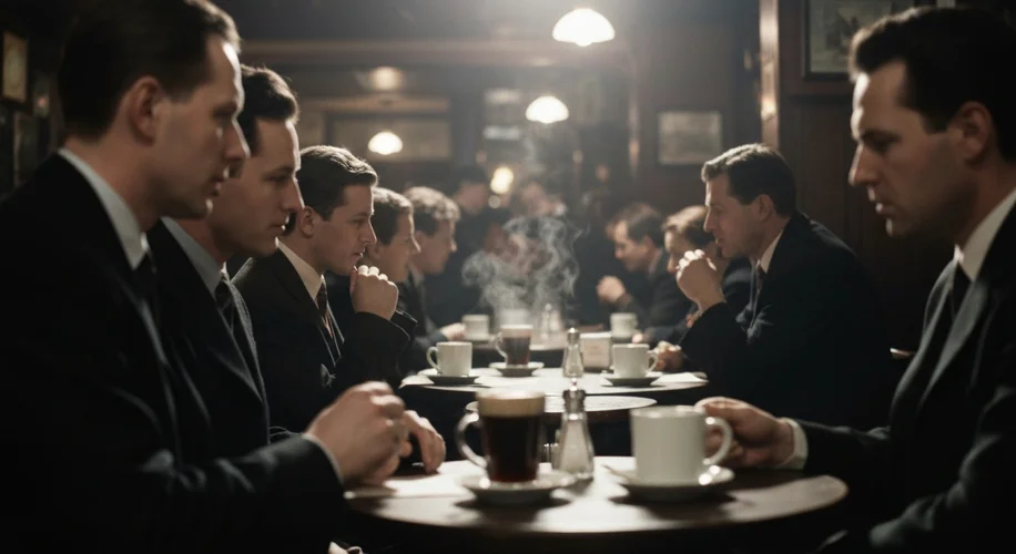 A vintage photograph of a cozy, dimly lit Irish pub or cafe in the 1950s, with patrons enjoying stea