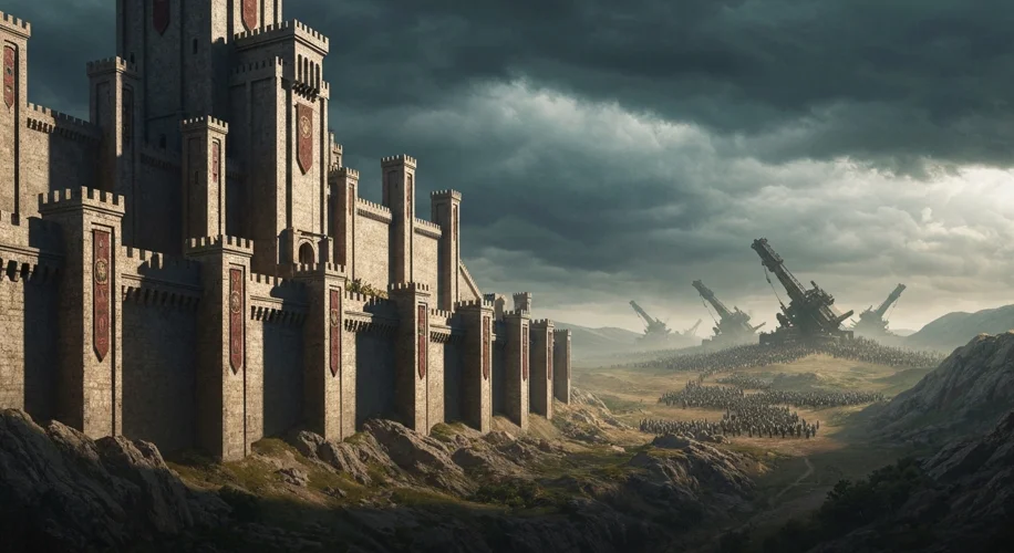 A wide shot of a massive ancient stone fortress, with towering walls and battlements, overlooking a