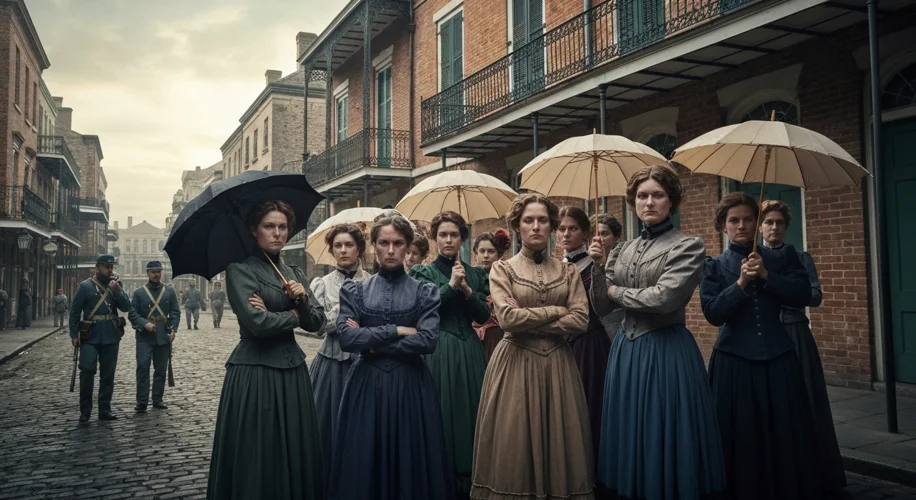 A group of stern-faced Victorian-era women in New Orleans, some holding parasols and others with arm
