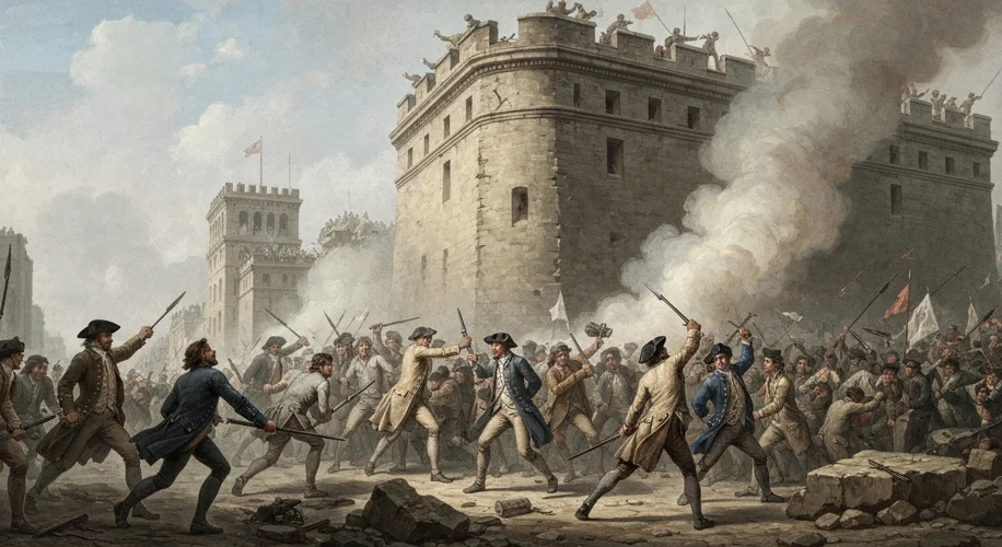 A dramatic illustration of the storming of the Bastille on July 14, 1789, with smoke billowing from 