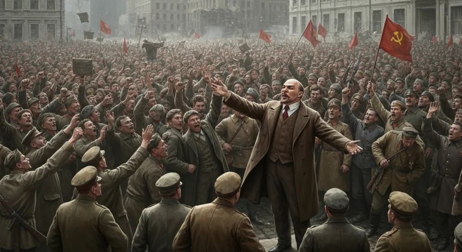 Vladimir Lenin addressing a crowd of enthusiastic workers and soldiers from a makeshift platform dur