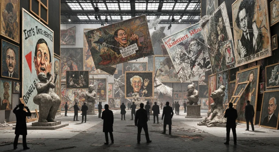 A chaotic exhibition hall filled with distorted, abstract paintings and sculptures, defaced with har