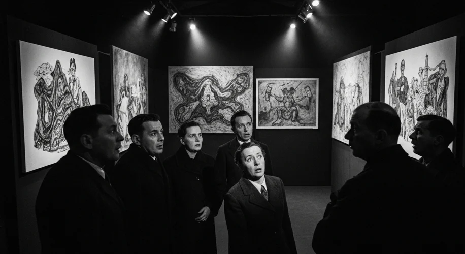 A stark, black and white image of the 'Degenerate Art' exhibition in Nazi Germany, with distorted, m