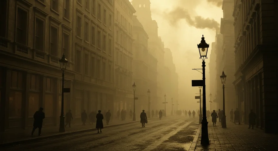 A dense, yellow-brown smog chokes the streets of London in December 1952, obscuring buildings and st