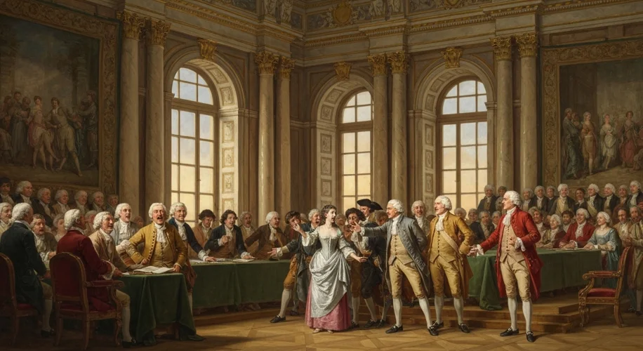 A depiction of the Estates-General meeting in Versailles, with the Third Estate members looking disg
