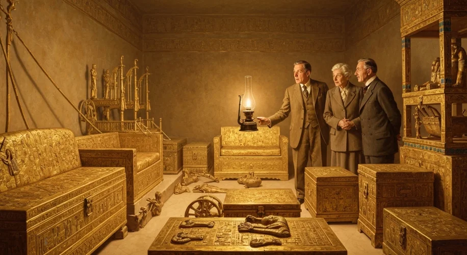 Inside Tutankhamun's tomb. Howard Carter, holding a lamp, gazes in wonder at the antechamber filled 
