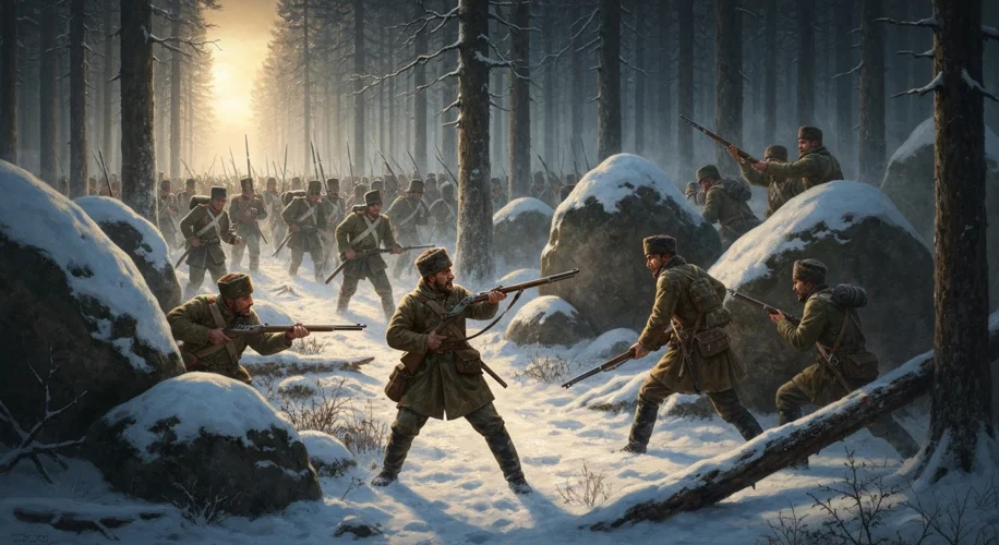 A dramatic painting of Russian partisans ambushing a column of Napoleon's soldiers in a snowy forest
