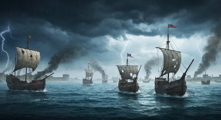 A fleet of medieval warships with distinctive Eurasian designs sailing on the Caspian Sea under a st