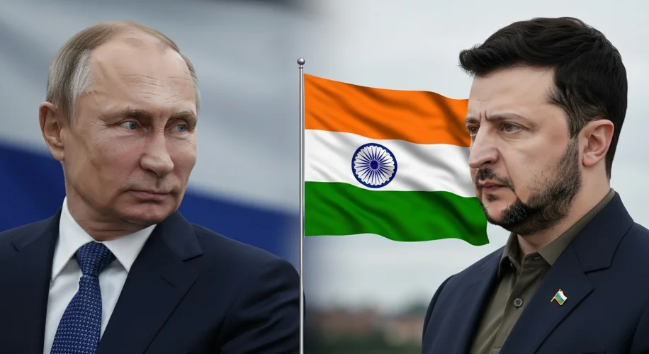 A split image showing Russian President Vladimir Putin on one side and Ukrainian President Volodymyr