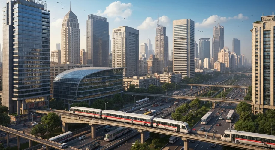 A vibrant, modern Indian cityscape, such as Mumbai or Bangalore, bustling with activity and showcasi