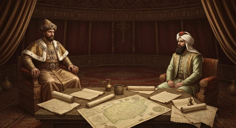 A historical illustration showing Emperor Frederick II, in ceremonial robes, meeting with Sultan al-