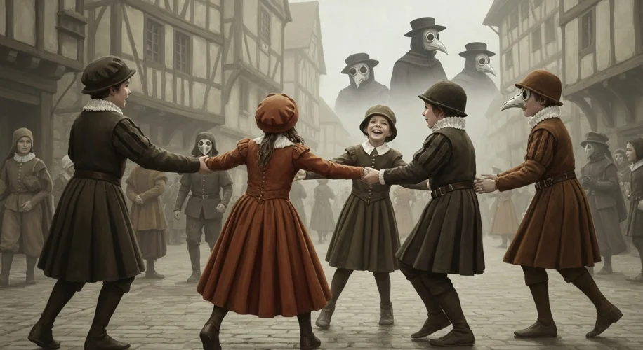 Children in medieval attire playing 'Ring Around the Rosie' in a village square, with a somber, almo