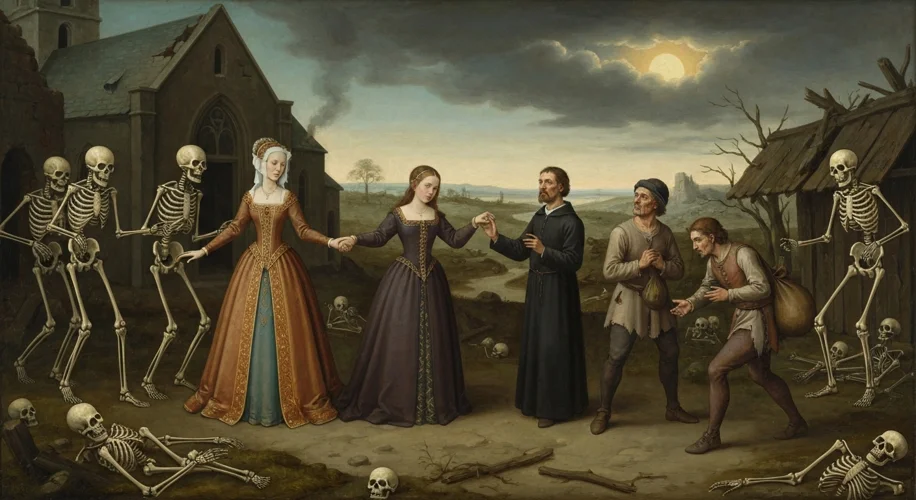 A medieval painting of a "Danse Macabre" scene, showing skeletons dancing with living people of vari