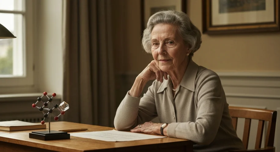 A portrait of Dorothy Hodgkin in her later years, looking thoughtful and dignified, perhaps with a s