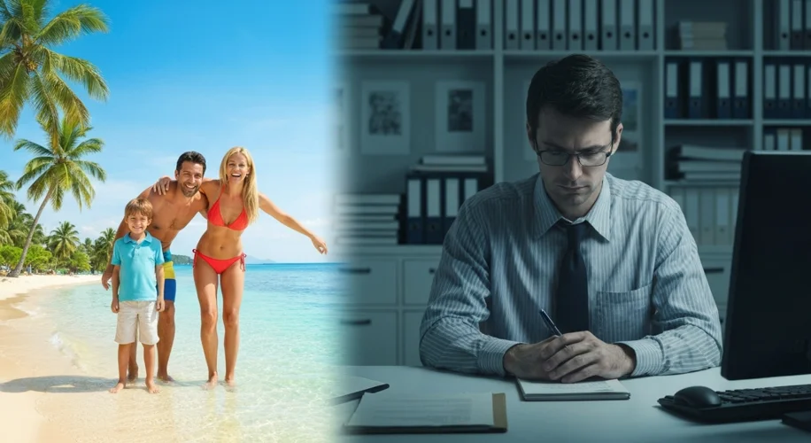 A split image: on one side, a European family relaxing on a sunny beach with clear blue water and pa