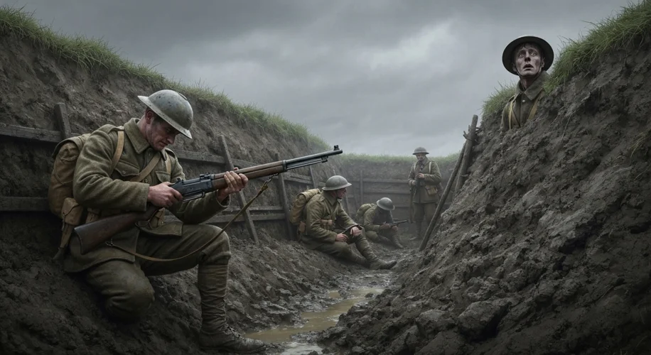 A somber scene of WWI British soldiers in muddy, worn uniforms, huddled in a trench under a grey sky