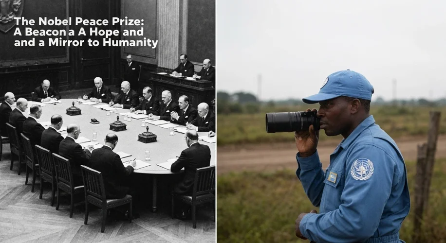 A split image: on the left, a black and white photo of delegates signing a treaty at a large table;