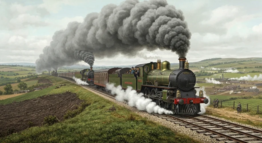 A dramatic depiction of George Stephenson's "Locomotion No. 1" on the Stockton and Darlington Railwa