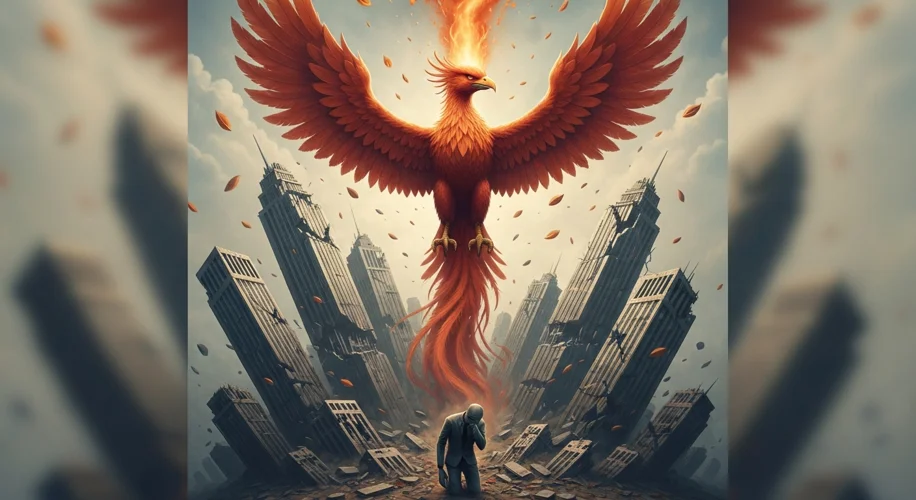 A symbolic image of a phoenix rising from ashes, with a background showing crumbling financial build