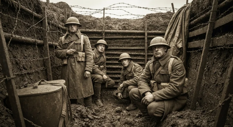 A sepia-toned photograph of British soldiers in World War I, huddled in trench coats amidst the mud 